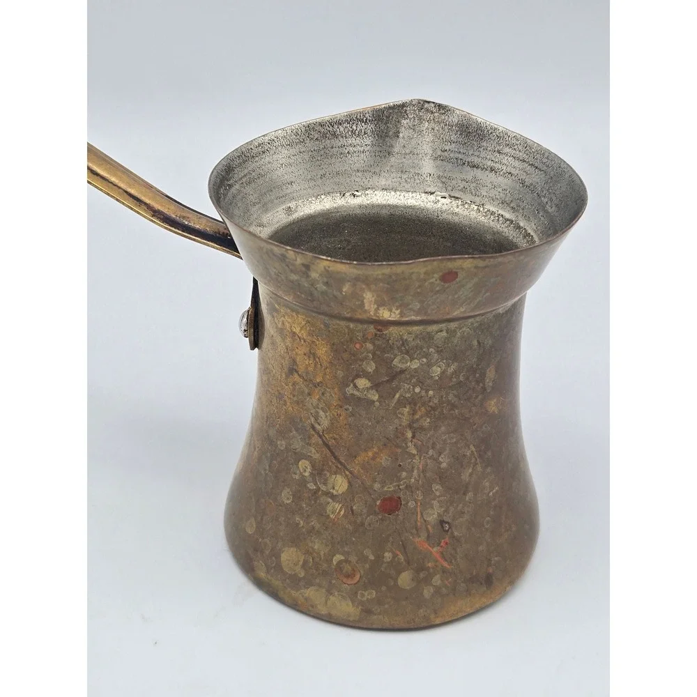Vintage Brass Turkish Coffee Pot Ibrik Tin-Lined Brass Handle Deep Patina Rustic